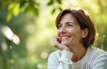 Fototapeta premium Mature woman smiles, hand on chin, looking up in nature. Warm sunlight filters through green leaves. Appears happy, content, enjoying peaceful outdoor moment. Photo conveys serenity, joy, positive