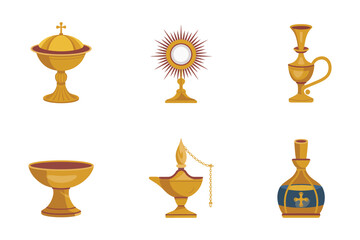Outline color icons for holy service, illustrating chalice, monstrance, thurible, cruets, and decorative religious implements,