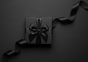 Black gift box with satin ribbon on dark background image