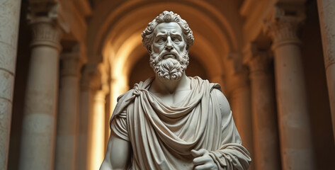 Ancient marble statue of stoic man in historical building. Statue man with curly hair, beard wearing draped robe. Stands in hallway with arches, columns. Dramatic lighting highlights statue details.