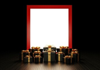 Black gift boxes with gold ribbons arranged before a red frame and white background