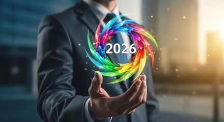 Businessman holding a colorful vortex with the year two thousand twenty six