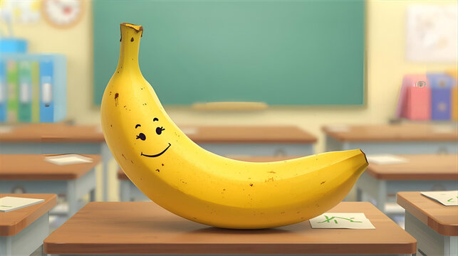A happy smiling banana character sitting on a desk in a classroom, illustration