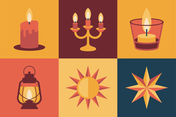 Flat vector icons for guiding light, featuring lanterns, sun, stars, and various decorative candles for religious holidays,