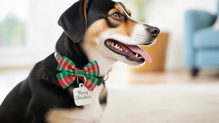 A happy dog wearing a festive Christmas bow tie collar and tag. Close-up vertical video of a cute puppy celebrating the holidays at home. Pet celebration concept with copy space - Powered by Adobe