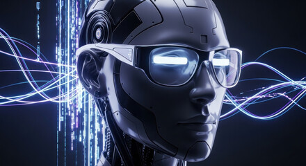 Futuristic humanoid robot with glasses, showcasing advanced technology amidst vibrant digital waves