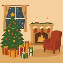 Cozy Christmas Living Room with Tree, Gifts, Fireplace, Snowfall View
