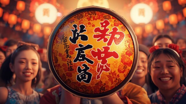 Close up of a chinese new year drum with people celebrating in the background - Powered by Adobe