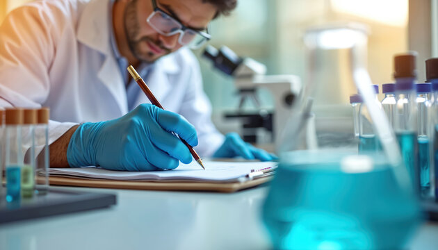 Scientist wearing blue gloves and lab coat writes notes at desk with microscope. Blue liquid in beakers and vials suggests research on medicines or chemicals. Future discovery in progress.
