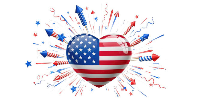 American flag heart with fireworks isolated on transparent background for 4th of july - Powered by Adobe