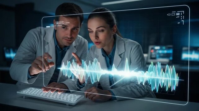 Two scientists analyzing data on a holographic display. Researchers collaborating on a futuristic project in a modern laboratory. Technology and innovation concept
