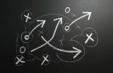 Hand drawn arrows and symbols on a black chalkboard represent a strategy plan. This sketch illustrates a tactical scheme for business or sports success and decision making.