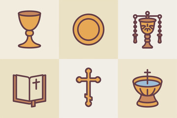 Outline color icons for religious instruments, illustrating chalice, plate, cross, book, censer, and traditional baptismal font,