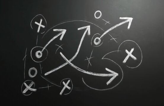 Hand drawn arrows and symbols on a black chalkboard represent a strategy plan. This sketch illustrates a tactical scheme for business or sports success and decision making. - Powered by Adobe