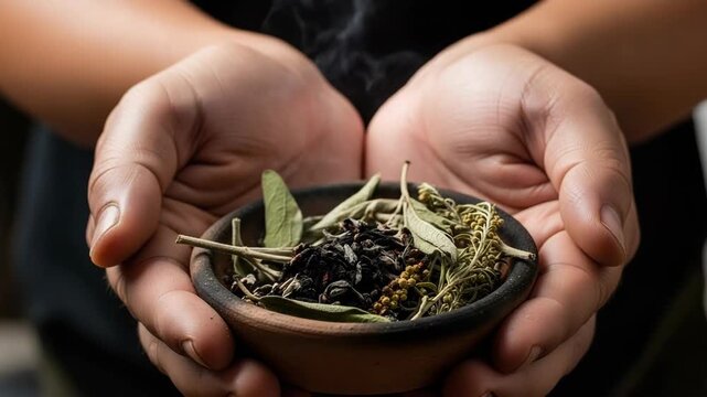 Offering medicinal herbs in small bowl with outstretched hands. Medicinal herbs concept in gentle outstretched hands, close-up view shows assorted healing plants.