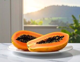 Sliced orange fruit on plate, window view of mountains and sunlight