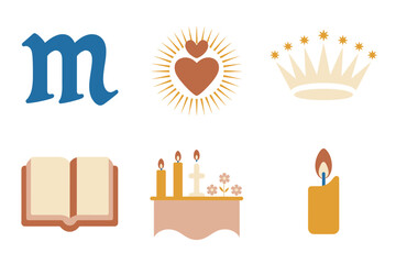 Detailed flat vector icons for sacred emblems, showing crown, heart, monogram, book, candles, and church elements,