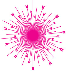 Obraz premium Pink Starburst or Sunburst Pattern Made of Arrows on White Background Keywords: pink, starburst, sunburst, explosion, radiating, lines, arrows, fletching, sharp, pointed, symmetrical, pattern