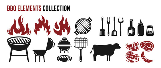 Barbeque grill party element icon bundle, fire, bbq, barbecue meat, sausage fork restaurant icon set