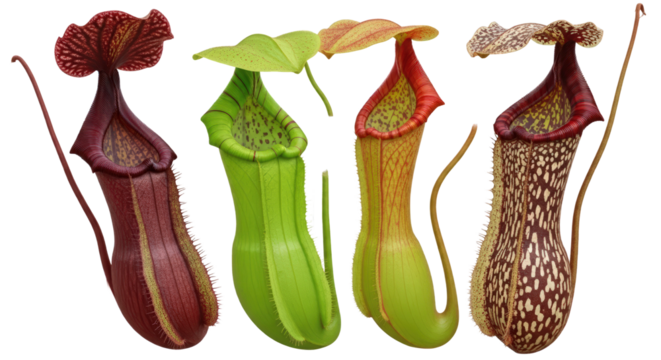 Four Different Pitcher Plants With Red Green Yellow And Brown Colors On A Transparent Background