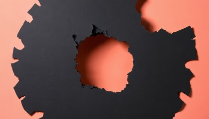 Jagged black silhouette with a torn irregular circular hole against a salmon colored background