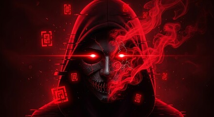 A hooded figure with glowing red eyes and smoke in a dark red environment with square symbols around