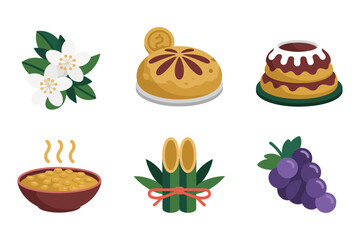 Detailed flat vector icons for festive celebration food, showing grapes, pie, donut, pudding, flower, and rice porridge,