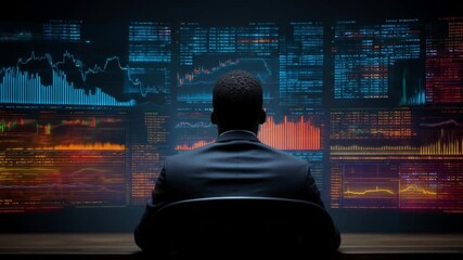 Individual in suit observes complex data displays on multiple screens - Powered by Adobe