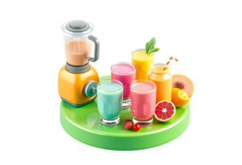 Colorful Smoothies and Blender on a Green Platform