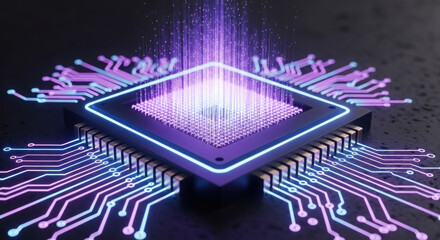 Futuristic microchip emitting digital energy pulses, set against a dark, tech-inspired background