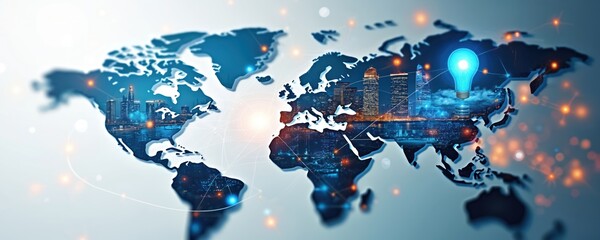 Global map with digital connections shows city skylines, bright lightbulb idea. Represents world trade, innovation, tech growth, and new concepts emerging across continents.