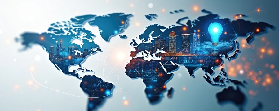 Global map with digital connections shows city skylines, bright lightbulb idea. Represents world trade, innovation, tech growth, and new concepts emerging across continents.