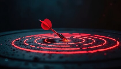 Red dart hits target center. The shot represents precision, accuracy, goal achievement. The illustration features glowing red circles on dark texture background.