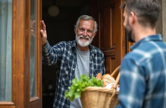 Young man delivers groceries to smiling senior neighbor at his home doorway. Friendly interaction shows community support and neighborly kindness.