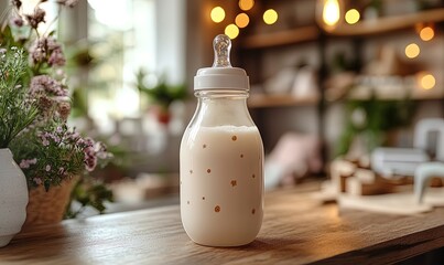 Baby bottle filled with milk on wooden table, warm light home