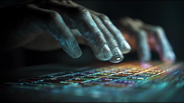 Hands typing illuminated keyboard dark environment symbolizes urgency and stress finance and technology, highlighting digital debt crisis and modern