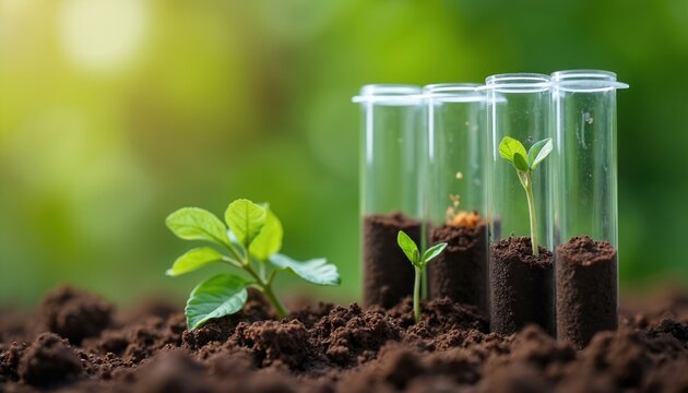 Small plants grow in soil inside test tubes, representing research in agriculture and science. Scientists study plant growth and soil health in lab.