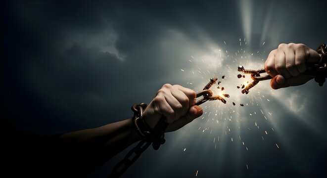 Powerful liberation concept showing hands breaking chains against dramatic sky symbolizing freedom, resilience, and overcoming adversity with strength and hope