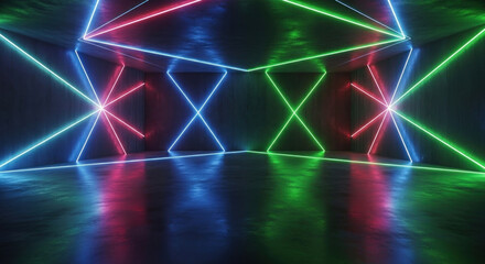 Futuristic neon-lit room with colorful laser beams creating geometric patterns on glossy floor