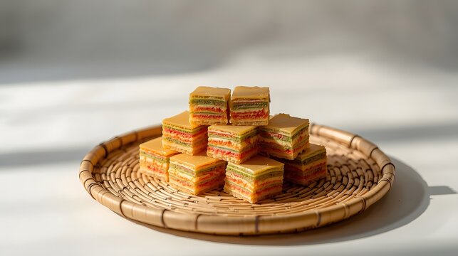 Stacked Nasi Dagang Terengganu on a woven tray invites you to savor this traditional Malaysian