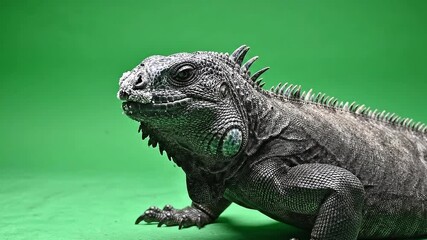 Detailed Medium Shot of a Gray Marine Iguana with Spiky Dorsal Crest on a Vibrant Green Screen Background
