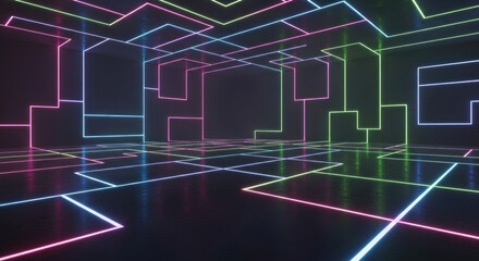 Futuristic neon-lit room with glowing geometric patterns reflecting on the floor, creating a vibrant atmosphere