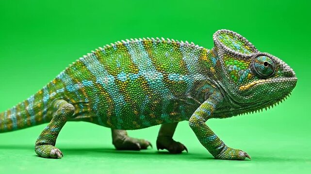 Detailed Close Up Of A Vibrant Chameleon With Green And Blue Scales Slowly Crawling Across A Solid Green Seamless Background Isolated Studio Shot