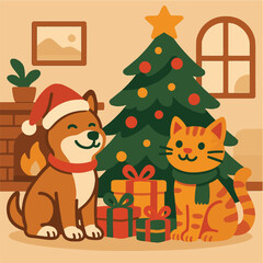 Cute Christmas Pet Scene with Cat and Dog Near Christmas Tree
