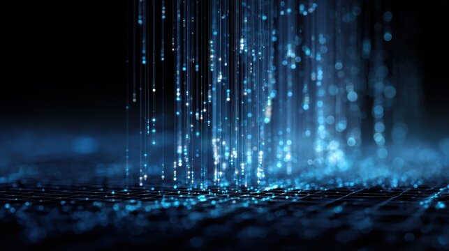 Abstract representation of digital data with glowing blue lines cascading down against a dark background.