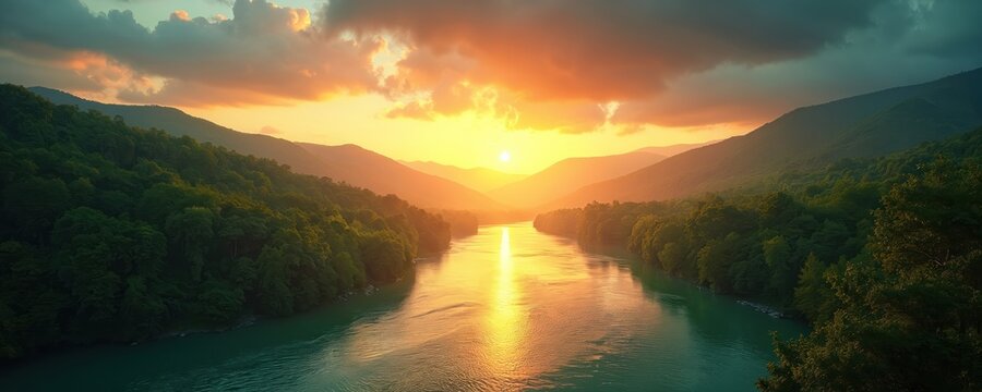 Wide river flows through lush green forest hills. Sun sets behind mountains casting warm golden light on water. Peaceful natural landscape during dusk.