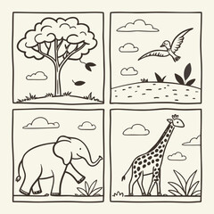 Fototapeta premium Nature and Animal Doodle Vector Pack – Hand-Drawn Wildlife and Forest Icons. A playful doodle vector pack of animals and nature icons drawn in black ink. Perfect for kids, nature art, and design