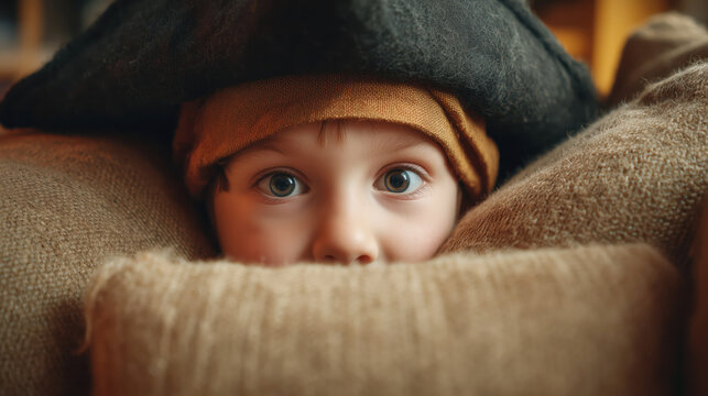Child boy dressed as pirate playing hide and seek inside pillow fort in cozy living room, symbolizing imagination, childhood, and creative play concept