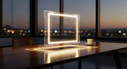 Futuristic office workspace at sunset featuring a holographic display and a coffee cup