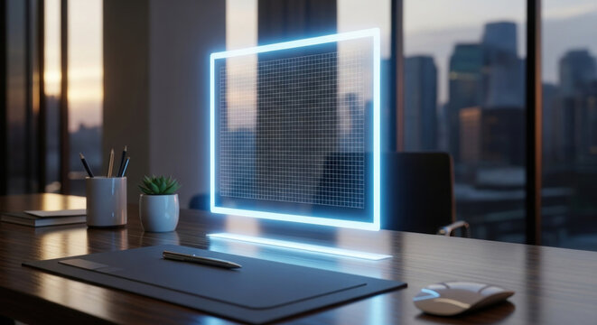 Futuristic office workspace featuring a glowing holographic display with a city skyline backdrop